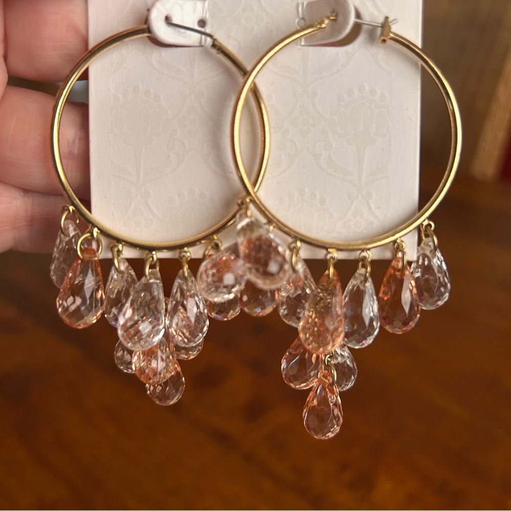 Elegant Gold Tone Hoops and Faceted Teardrops Beads Earrings